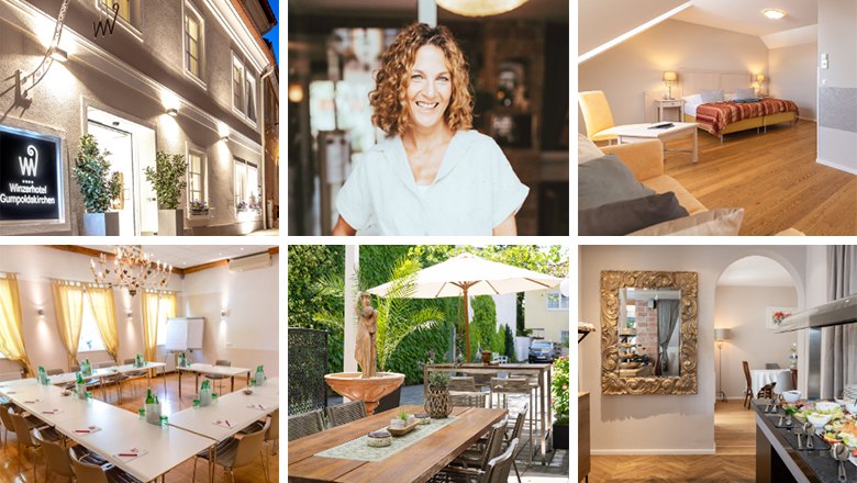 Winzerhotel Gumpoldskirchen, © Winzerhotel Gumpoldskirchen Collage von Hotelbildern: Außenansicht, Frau, Zimmer, Konferenzraum, Terrasse, Frühstücksbuffet.