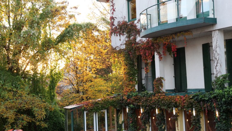 Außenansicht, © Hotel Klaus Außenansicht eines Hauses mit Efeu bewachsen und Herbstbäumen im Hintergrund.