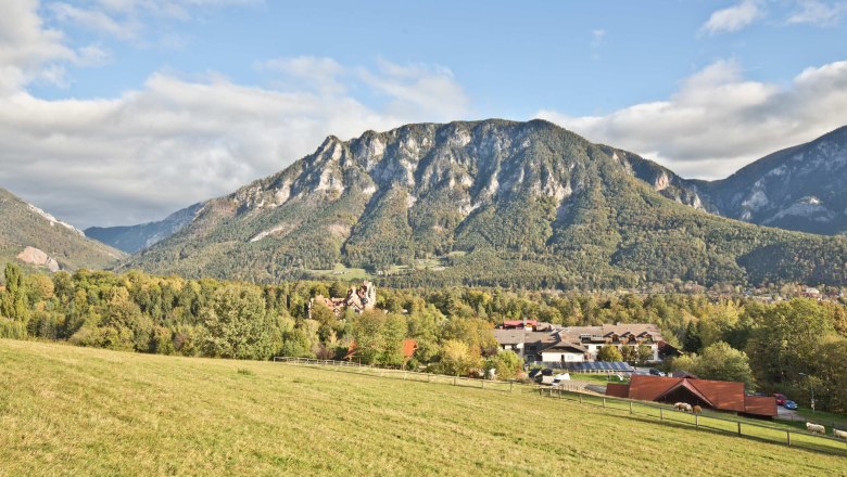 Flackl-Wirt - Panoramablick, © Flackl - Wirt GmbH & Co KG Panoramablick auf eine Berglandschaft mit Wiesen im Vordergrund und einem Dorf im Hintergrund.