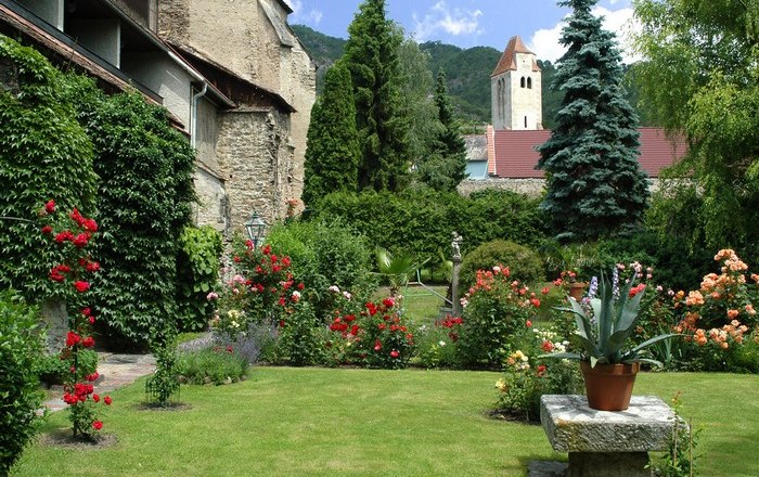 Klostergarten, © Hotel Richard Löwenherz Ein gepflegter Klostergarten mit blühenden Rosen, einem Rasen und einer alten Steinmauer im Hintergrund.