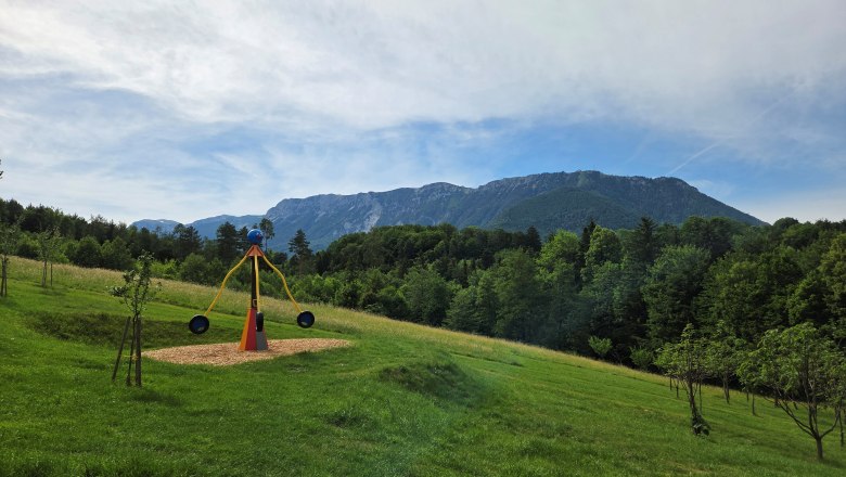 Flackl-Wirt - Kinderspielplatz mit Raxblick, © Flackl - Wirt GmbH & Co KG Ein Kinderspielplatz mit einer Wippe vor einer Berglandschaft mit der Rax im Hintergrund.
