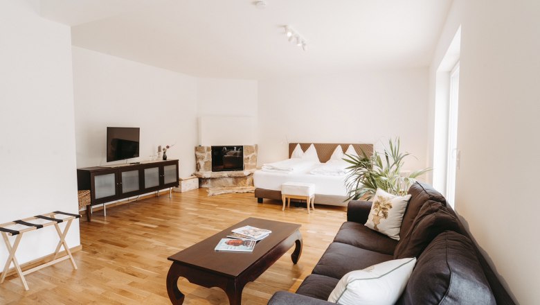 Helles Zimmer mit Sofa, Couchtisch, Fernseher, Kamin und Doppelbett.