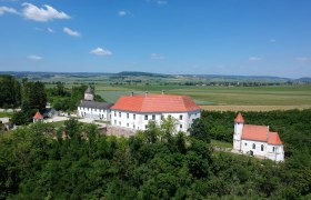 Luftaufnahme von Schloss Viehofen mit rotem Dach, umgeben von grüner Landschaft und Feldern.