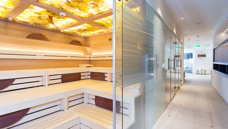 Innenansicht eines modernen Spa-Bereichs mit Sauna und Glast&uuml;r.
