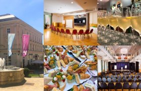 Collage der Stadtgalerie M&ouml;dling mit Veranstaltungsr&auml;umen, Buffet und Au&szlig;enansicht.