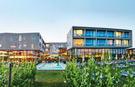 Modernes Hotelgeb&auml;ude mit Pool und Weinreben im Vordergrund.
