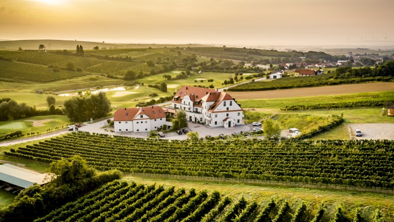 Restaurant & Hotel Neustifter, © Robert Herbst Luftaufnahme eines Hotels inmitten von Weinbergen bei Sonnenuntergang.