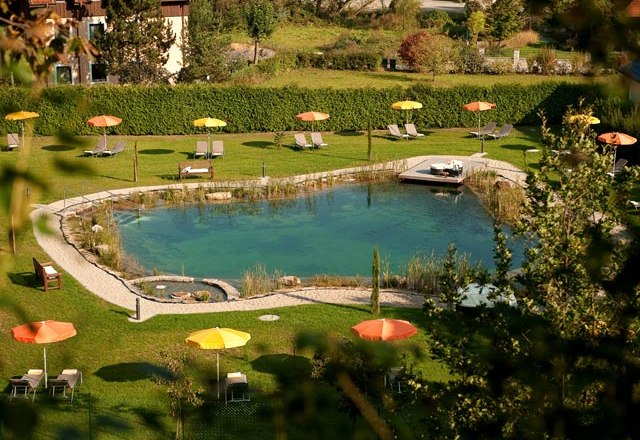 Ein nat&uuml;rlicher Schwimmteich mit Liegest&uuml;hlen und bunten Sonnenschirmen auf einer gr&uuml;nen Wiese.