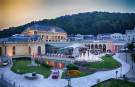 Außenansicht des Congress Centers Baden mit beleuchtetem Springbrunnen und umliegender Natur.