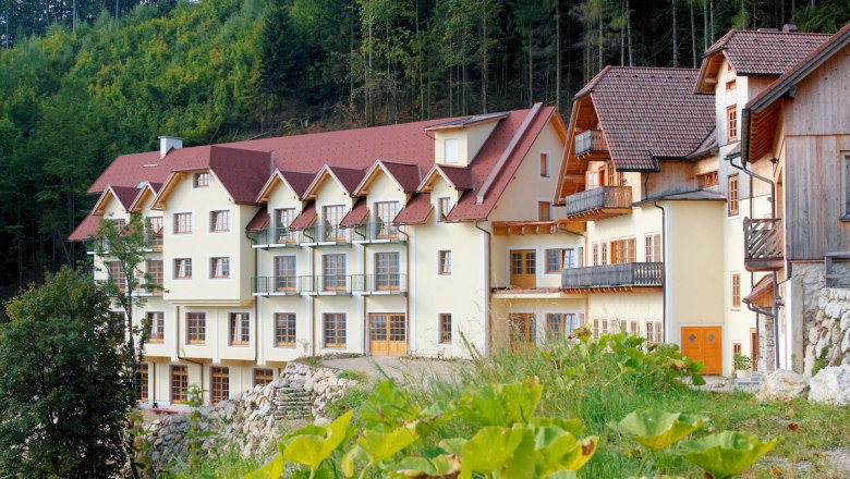 Ein gro&szlig;es, mehrst&ouml;ckiges Geb&auml;ude mit roten D&auml;chern und Balkonen, umgeben von Wald.