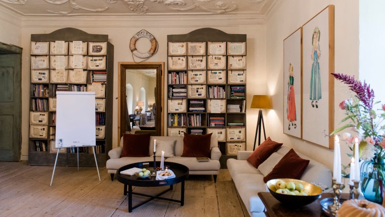 Gem&uuml;tlicher Raum mit Sofas, B&uuml;cherregalen und Dekorationen.