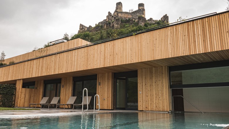 Aussenpool mit Aussicht, © Weingut Nigl Moderner Außenpool mit Holzverkleidung und Burgruine im Hintergrund.
