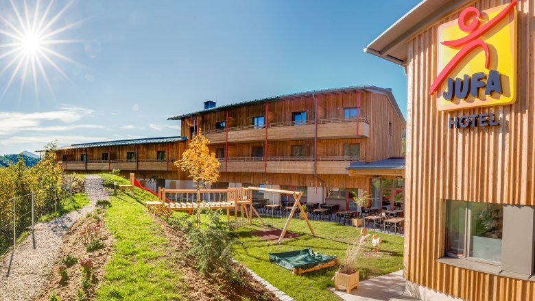 JUFA Hotel Annaberg mit Spielplatz und sonnigem Himmel.