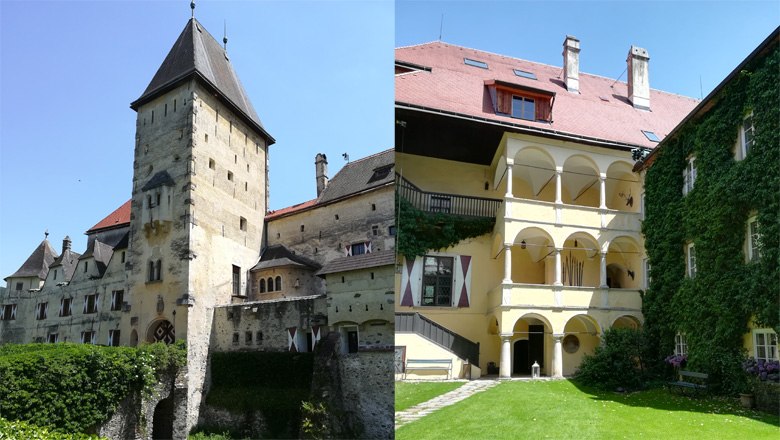 Zwei Ansichten von Burg Feistritz, links der Turm und rechts ein Innenhof mit Arkaden.