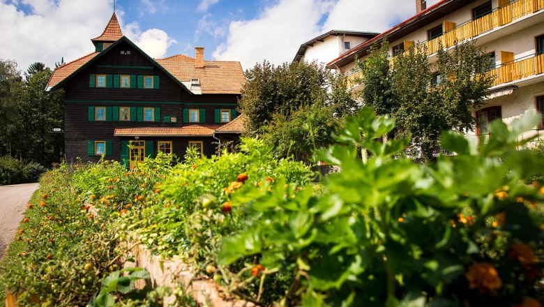 Ein traditionelles Geb&auml;ude mit gr&uuml;nem Fensterladen und einem Garten im Vordergrund unter blauem Himmel.