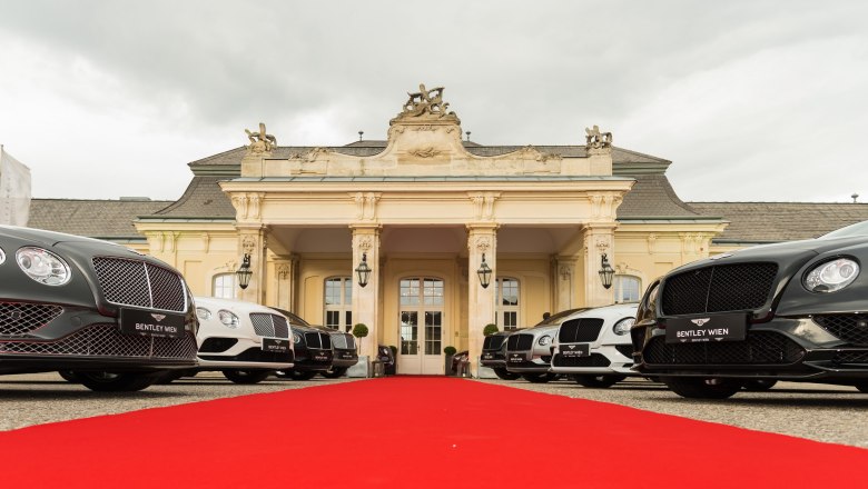 Luxusautos vor einem historischen Geb&auml;ude mit rotem Teppich.