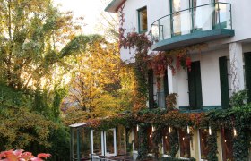 Außenansicht eines Hauses mit Efeu bewachsen und Herbstbäumen im Hintergrund.
