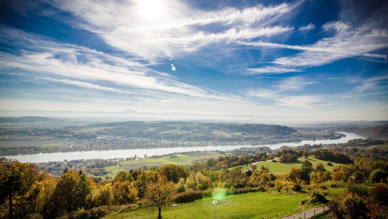 Panoramablick auf eine Flusslandschaft mit gr&uuml;nen Feldern und blauem Himmel.