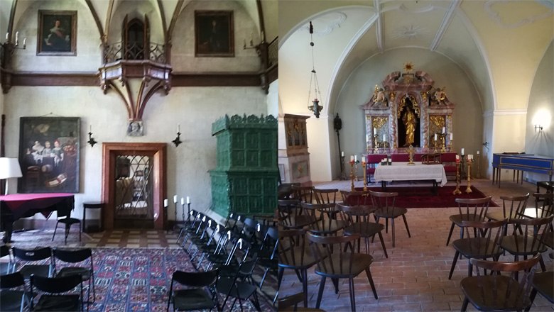Zwei Innenr&auml;ume: Links ein historischer Saal mit Gem&auml;lden und Ofen, rechts eine Kapelle mit Altar und St&uuml;hlen.