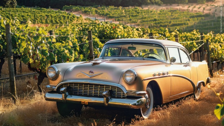Ein goldener Oldtimer steht in einem sonnigen Weinberg.