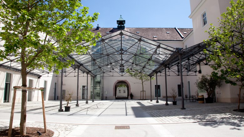 Innenhof mit Glasdach und B&auml;umen, umgeben von Geb&auml;uden.