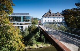 Moderne und historische Gebäude mit Brücke in grüner Umgebung.